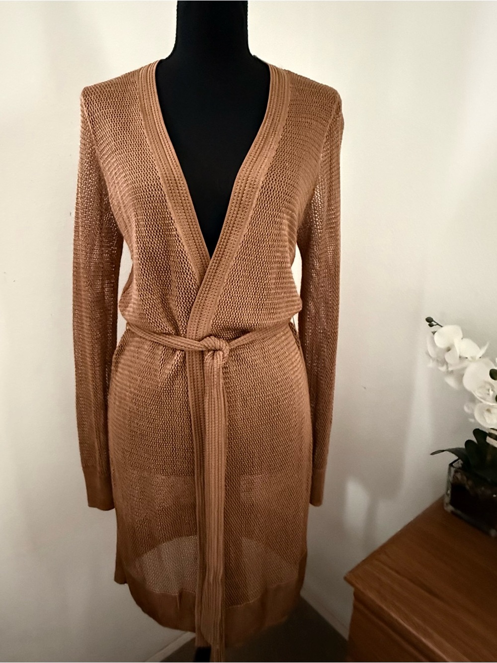 White House Black Market Net Crochet Belted Cardigan Honey Citrine Size S